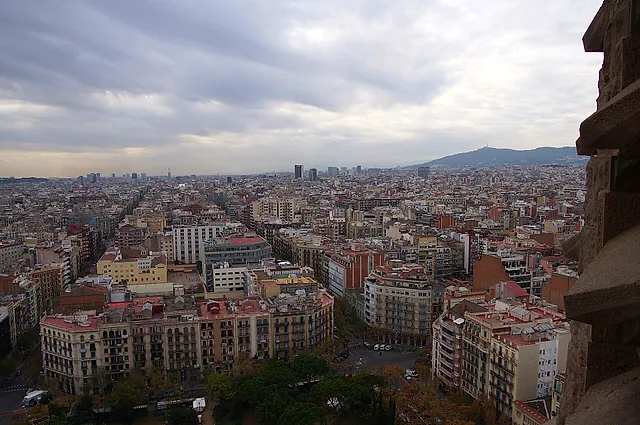Panorama of Barcelona from a tower of the basilica, with the street grid and the Collserola hills on the horizon